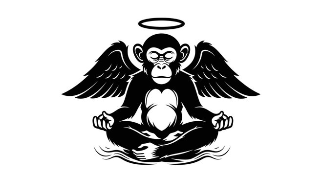 Meditating Monkey with Angel Wings and Halo in Serene Pose.