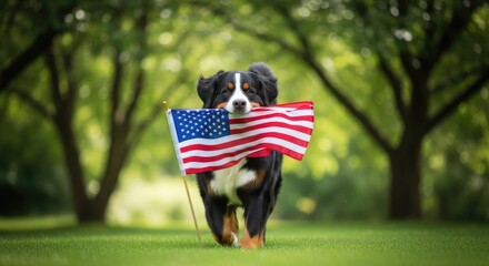 Patriotic bernese mountain dog with american flag celebrating labor day weekend us pride
