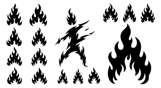 Set of black fire flames and a burning man silhouette, isolated on a white background, representing heat, danger, and energy.