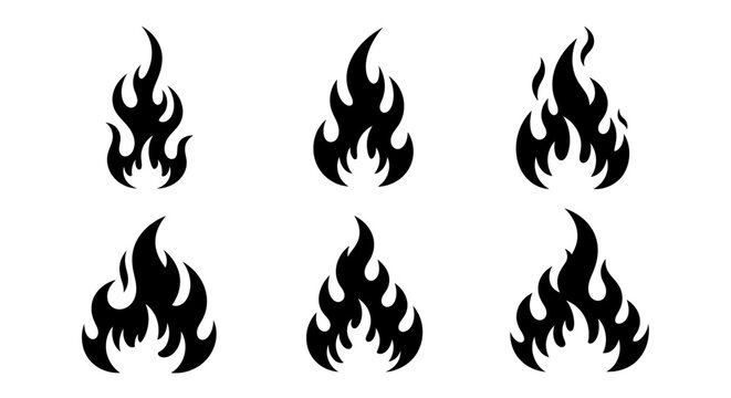 Set of six black fire flame icons on white background.