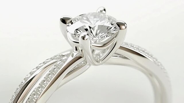 Exquisite platinum or white gold engagement ring with a brilliant cut solitaire diamond rotating slowly, isolated on a white background. The elegant twisted band is adorned with pave diamonds