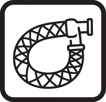 Premium high-definition black-and-white vector icon of a pneumatic hose with braided reinforcement for industrial schematics, engineering diagrams, pneumatic system documentation, factory