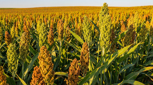 Vibrant sorghum field under golden hour light, showcasing healthy grain plants ready for a bountiful harvest