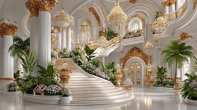 Majestic palace interior with golden classical architectural staircase high resolution picture