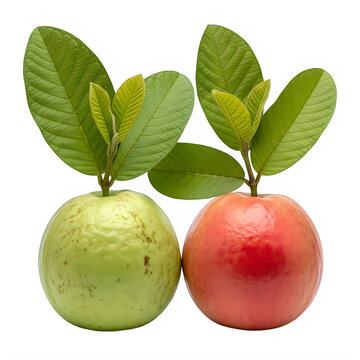 Fresh green and red guava fruits with lush green leaves for healthy food design. png
