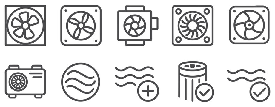 Air conditioner maintenance icon set line style set collection, simple vector icons for AC cleaning, repair, and servicing, modern outline design