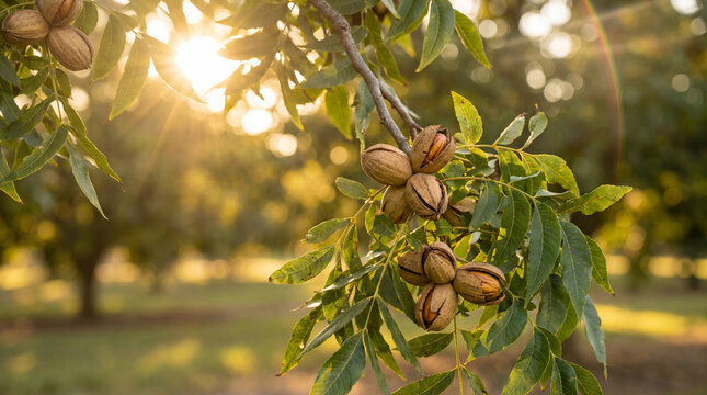 Ripe pecan nuts growing on a tree branch, bathed in warm golden sunlight in a beautiful orchard
