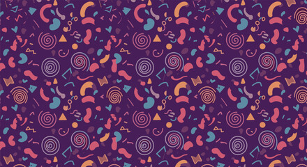Fototapeta premium Vibrant seamless pattern with various colorful abstract shapes and geometric squiggles on a dark purple background.