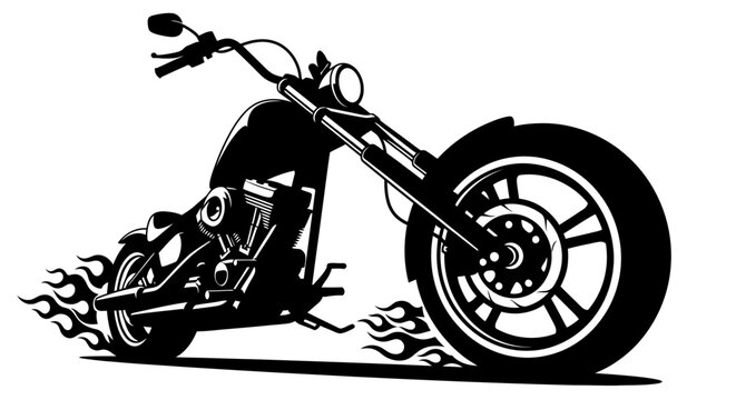 Stylized black and white illustration of a classic chopper motorcycle with flames, depicting speed and power.