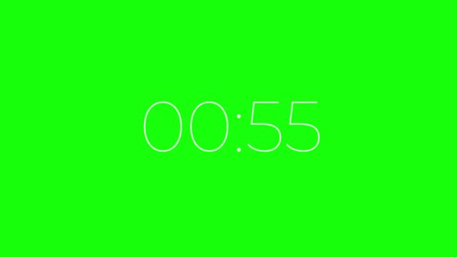 One minute animation. Countdown timer from 60 to 0 second on green chroma key background