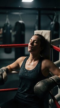 Female boxer resting in a boxing ring, wearing gloves and a sleeveless top, with punching bags visible in the dimly lit background, showcasing a focused and determined expression during training