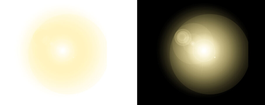 Glowing yellow lens flare effects on transparent background