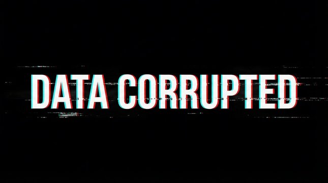 Bold white text D A T A C O R U P T E D with glitch effect on black background data