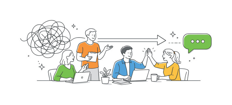 Team simplifying internal communication channels and restoring smooth message exchange together during a structured coordination session in a modern