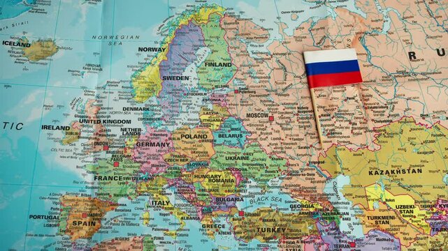 Flag of Russia moved on map highlighting position between Europe and Asia continents