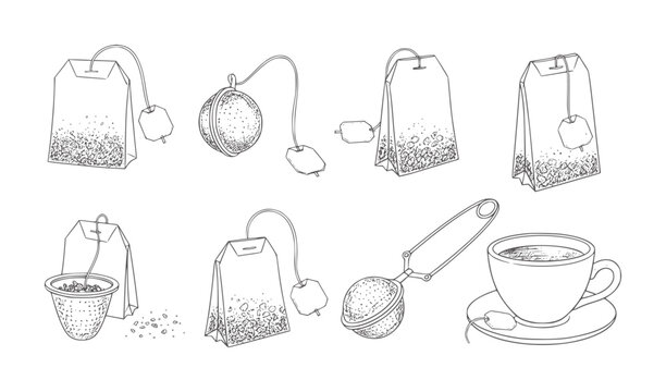 Black and white line of tea bags and brewing accessories teabags string tags infuser
