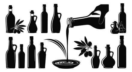 Olive oil bottles pouring and branches depicted in a striking silhouette © Jewel