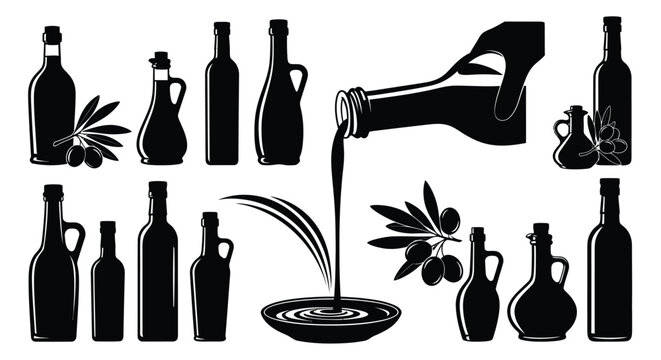 Olive oil bottles pouring and branches depicted in a striking silhouette