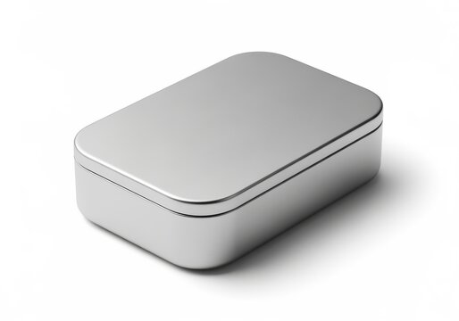 Simple brushed metal rectangular container with rounded edges, reflecting subtle light and shadow, isolated on a clean white background, minimalist studio photography.