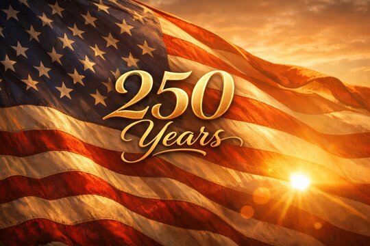 Waving American Flag with Golden 250 Years Text and Sunlight