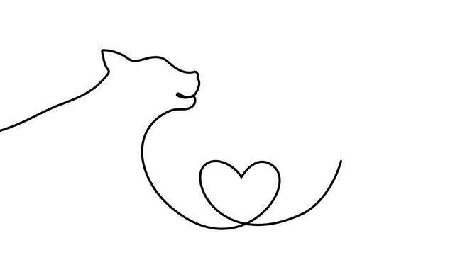 Continuous one line cat drawing art outline illustration draw paw. Cat drawing one line pet animal heart single kitten silhouette simple poster lineart footprint abstract print logo vector veterinary.
