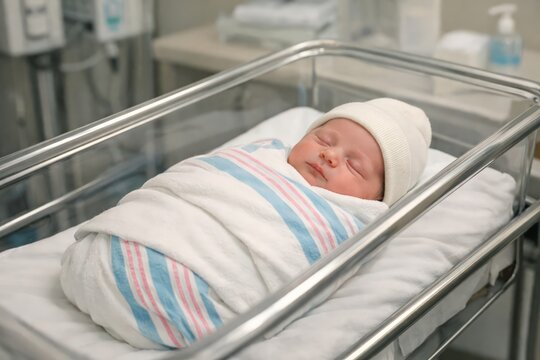 Newborn Baby Swaddled in Hospital Bassinet After Delivery