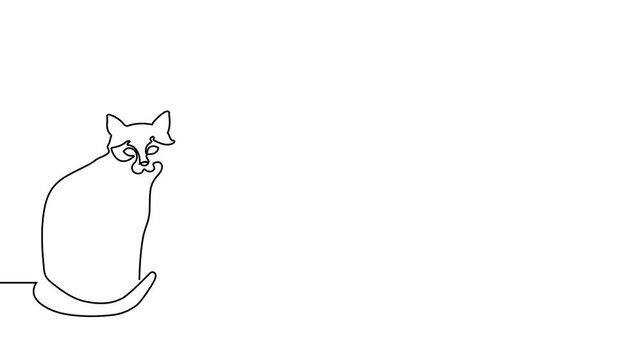 Continuous one line cat drawing art outline illustration draw paw. Cat drawing one line pet animal heart single kitten silhouette simple poster lineart footprint abstract print logo vector veterinary.