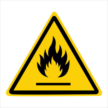 This image shows two flammable material warning signs. The signs are yellow triangles with a black border and a black flame symbol inside, indicating a fire hazard and dangerous risk.