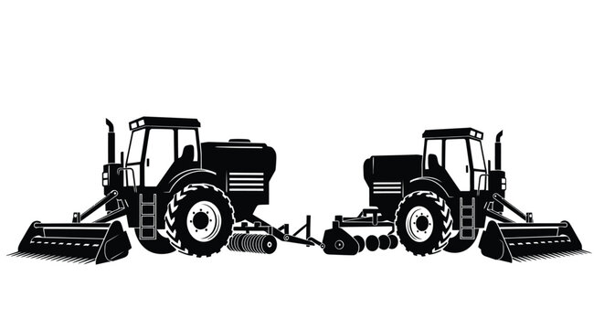 Two black tractors with farm implements depicted in a striking silhouette