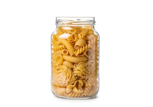 A clear glass jar filled to the brim with a variety of dried Italian pasta shapes, showcasing a studio shot with a clean white background and high detail.