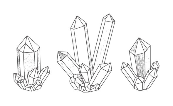 Geometric black and white crystal clusters with hexagonal prism formations crystals