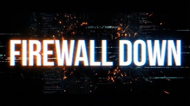 White text F I R E W A L D O W N with glitch effect and sparks firewall down