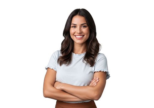 Smiling young woman with arms crossed wearing casual outfit isolated on transparent background