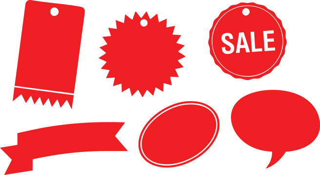 Collection of red sale tags and labels promotional graphics