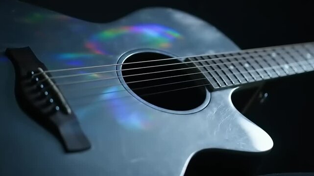 Silver Acoustic Guitar Closeup with Holographic Effect.
