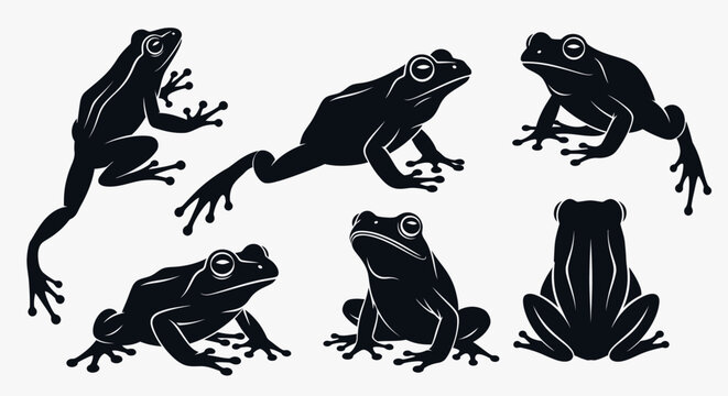 Collection of Black Frog Silhouettes in Various Poses.