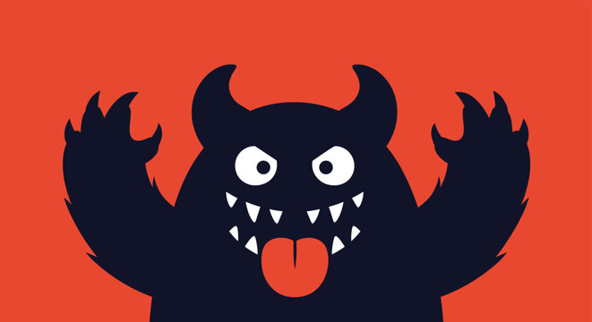 Scary black monster silhouette with sharp horns and teeth sticking out its tongue against a bold red background.