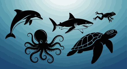 Collection of Diverse Marine and Amphibious Creatures in Silhouette. © akbar