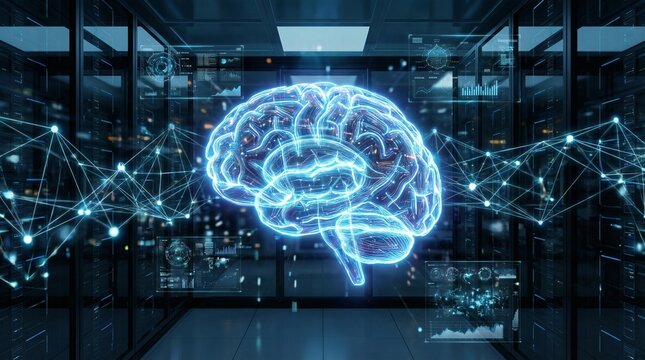 Artificial intelligence glowing brain in data center, digital neural network and machine learning concept, futuristic cyber security server room