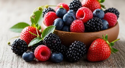 Obraz premium Fresh mixed berries in bowl with strawberries, raspberries, blueberries, and blackberries surrounded by green leaves. Delicious mixed berries perfect for healthy desserts, nutrition,