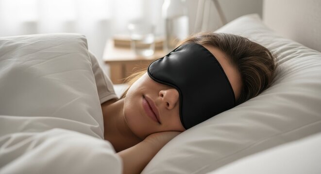 Relaxing sleep with woman wearing sleep mask in cozy bed, soft pillows and white linens enhance the calm atmosphere. Peaceful sleep is crucial for health and wellness in daily life.