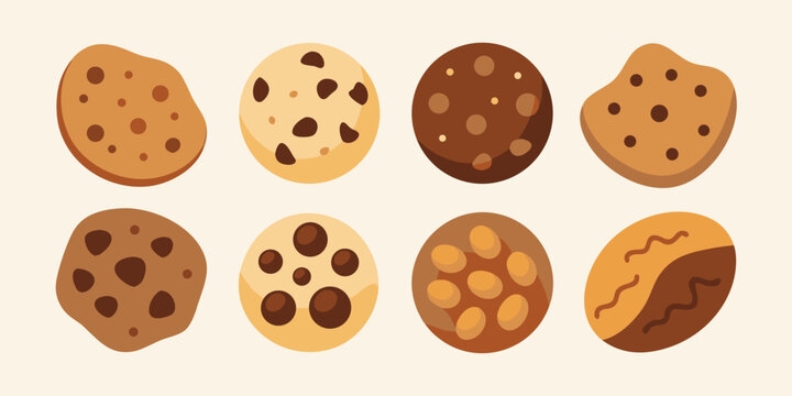 Eight appealing uniquely shaped brown cookies with diverse textures and toppings.