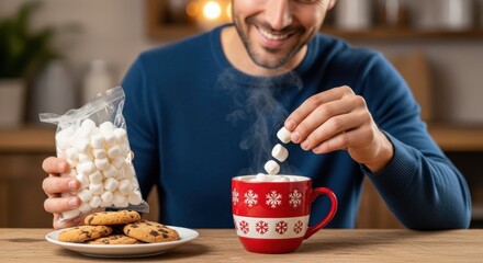 Warm beverage with marshmallows and cookies on table, man enjoying hot drink with mini marshmallows in holiday-themed mug. Coffee or hot chocolate experience features sweet treats and cozy atmosphere.