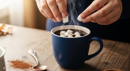 Hot chocolate with marshmallows being prepared in blue cup on wooden table. Delicious hot chocolate topped with fluffy marshmallows in cozy atmosphere.