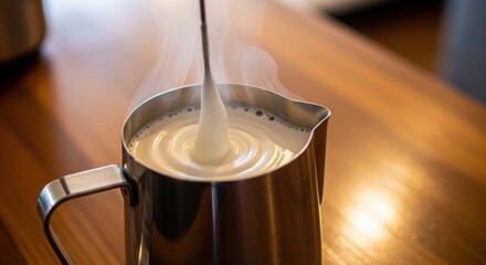 Milk frothing in stainless steel pitcher with steam rising for creamy coffee creation. Frothing milk enhances texture and taste for specialty beverages. Perfect for coffee enthusiasts and baristas.