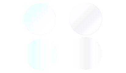 Realistic transparent glass or acrylic circle plate with glossy reflections. Shiny panel, soft light glare, reflective surface and gradient mirror effect for product mockup, window display and design 