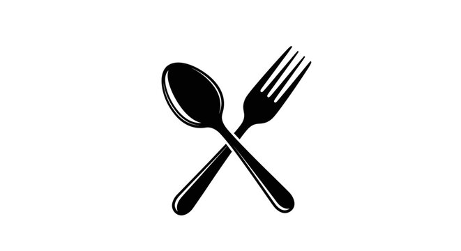 Black spoon and fork crossed icon isolated on white background