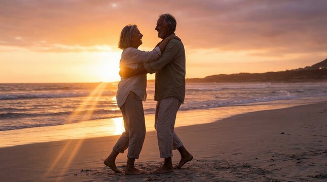 Elderly couple dancing joyfully on the beach at sunset, with waves gently lapping at the shore and a vibrant sky filled with warm colors in the background