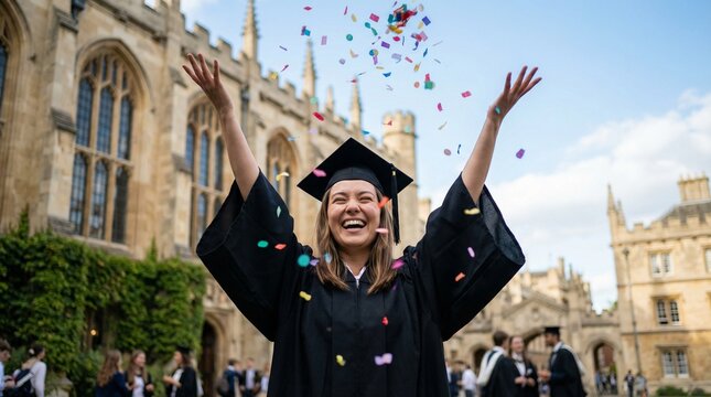 Female student celebrating graduation with confetti in front of university building