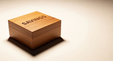 Fototapeta premium Wooden box labeled savings on neutral background. Concept of personal finance and emergency fund preparation. Economic security and financial management strategy for future wealth planning.